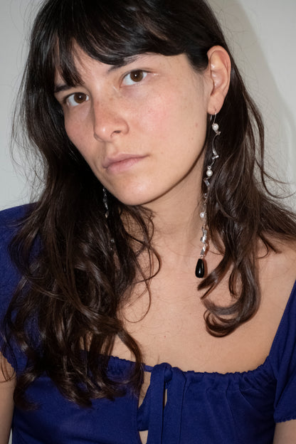 Long Ribbon Earrings w/ Onyx & Pearl